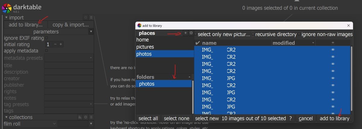 Add photos to library in Darktable