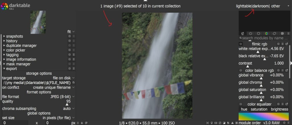 Open imported photo in Darkroom view in Darktable